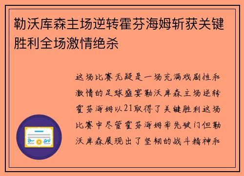 勒沃库森主场逆转霍芬海姆斩获关键胜利全场激情绝杀